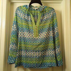 Trina Turk Silk Blend Chainlink Pattern Semi-Sheer Blouse Tunic Top, Pre-Owned